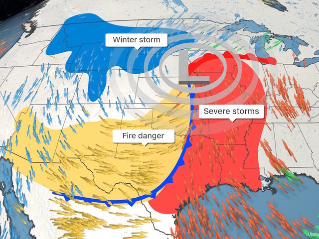 Tornadoes, blizzard and historic wildfire conditions are this weekend's triple threat